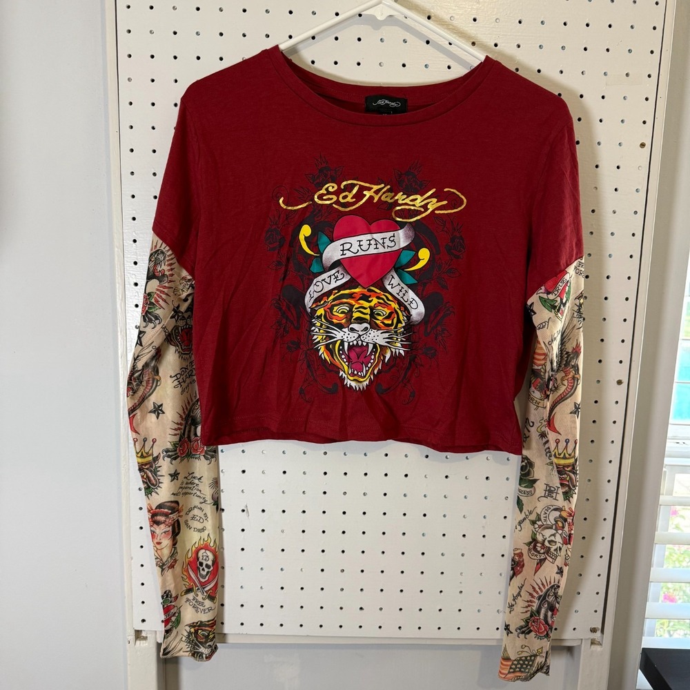 Ed Hardy Love Tiger Hang Down Baby T-Shirt Women's XL Burgundy Graphic Print